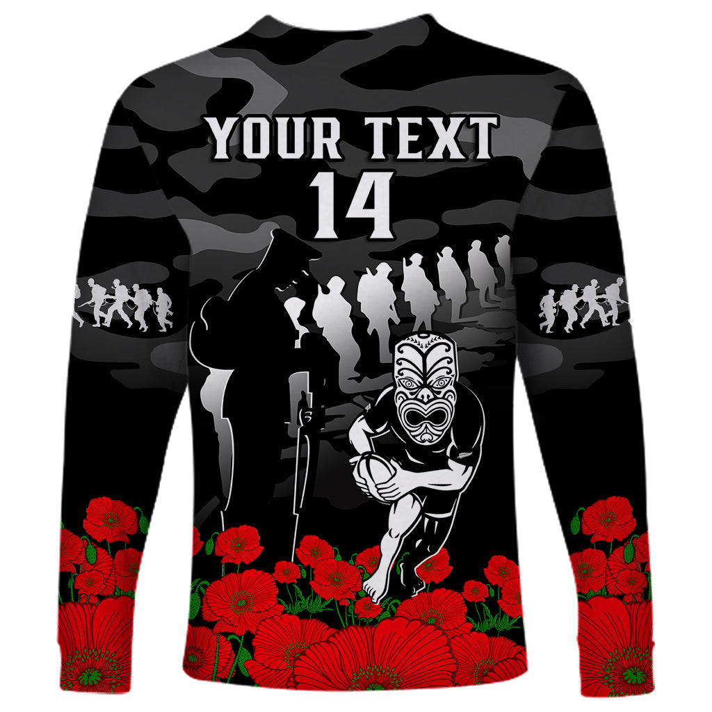 (Custom Text And Number) New Zealand ANZAC Rugby Long Sleeve Shirt Silver Fern All Black Camouflage Mix Poppy LT14 - Polynesian Pride