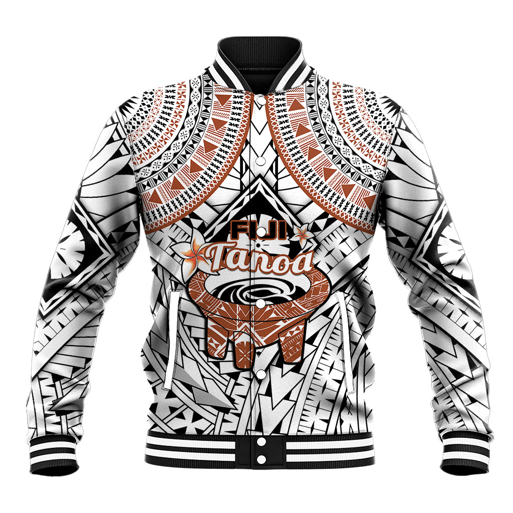 Fiji Tanoa Baseball Jacket Kava Bowl Fijian Tapa Brown Pattern LT14 Unisex White - Polynesian Pride