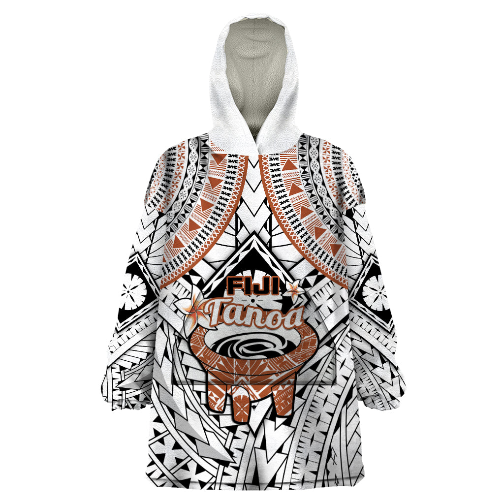 Fiji Tanoa Wearable Blanket Hoodie Kava Bowl Fijian Tapa Brown Pattern LT14 One Size White - Polynesian Pride