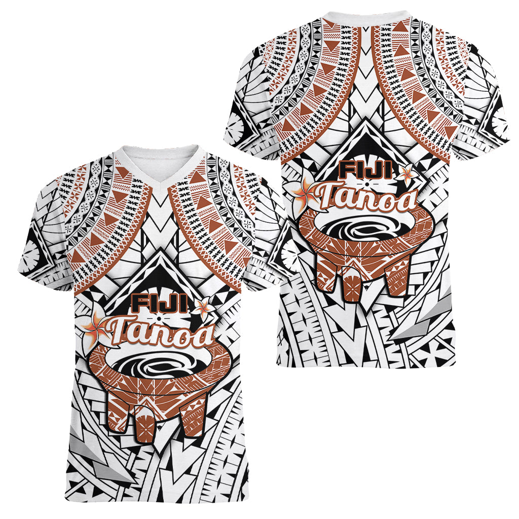 Fiji Tanoa Women V Neck T Shirt Kava Bowl Fijian Tapa Brown Pattern LT14 Female White - Polynesian Pride