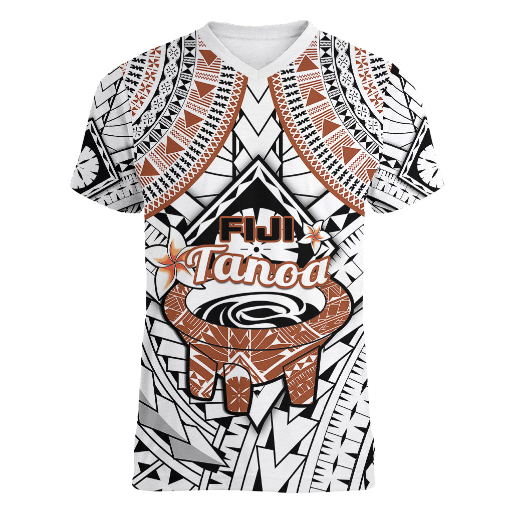 Fiji Tanoa Women V Neck T Shirt Kava Bowl Fijian Tapa Brown Pattern LT14 - Polynesian Pride