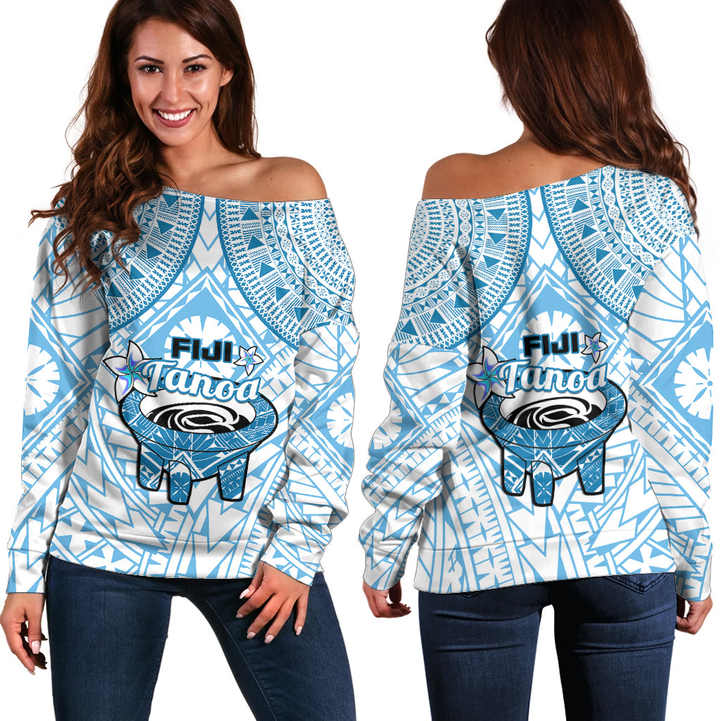 Fiji Tanoa Off Shoulder Sweater Kava Bowl Fijian Tapa Blue Pattern LT14 Women Blue - Polynesian Pride