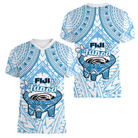 Fiji Tanoa Women V Neck T Shirt Kava Bowl Fijian Tapa Blue Pattern LT14 Female Blue - Polynesian Pride