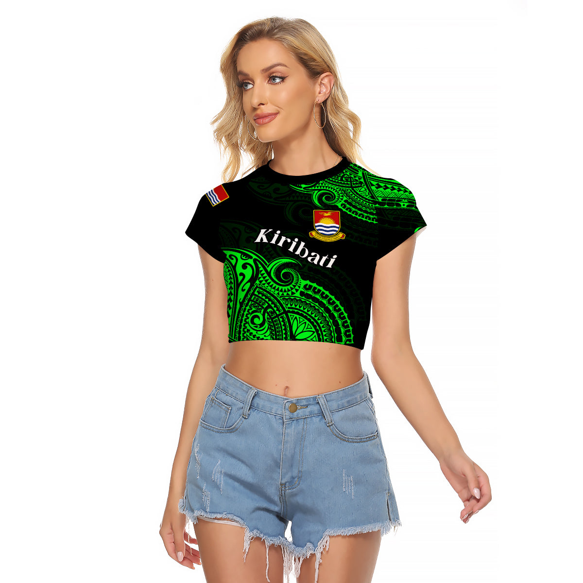 (Custom Personalised) Ribaberiki Kiribati Coat Of Arms Mix Green Polynesian Raglan Cropped T Shirt LT14 Female Green - Polynesian Pride