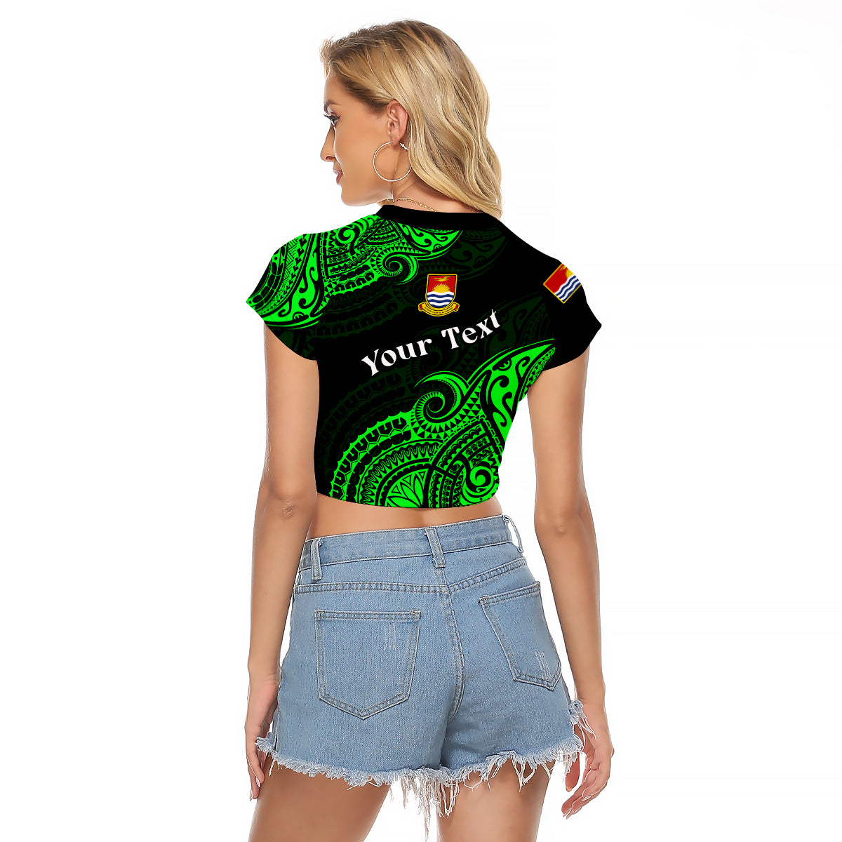 (Custom Personalised) Ribaberiki Kiribati Coat Of Arms Mix Green Polynesian Raglan Cropped T Shirt LT14 - Polynesian Pride