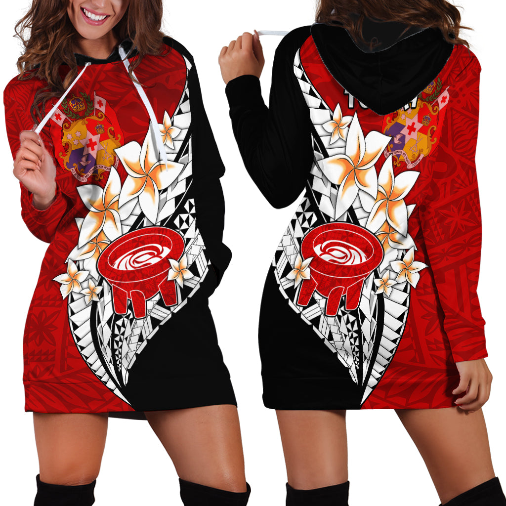 Tonga Kava Bowl Hoodie Dress Tongan Kupesi Ngatu Pattern Black LT14 Red - Polynesian Pride