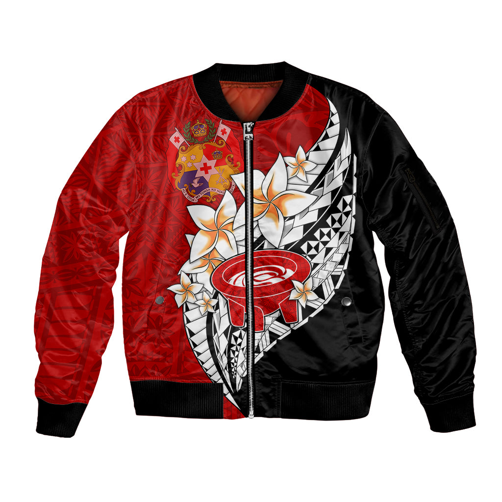 Tonga Kava Bowl Sleeve Zip Bomber Jacket Tongan Kupesi Ngatu Pattern Black LT14 Unisex Red - Polynesian Pride