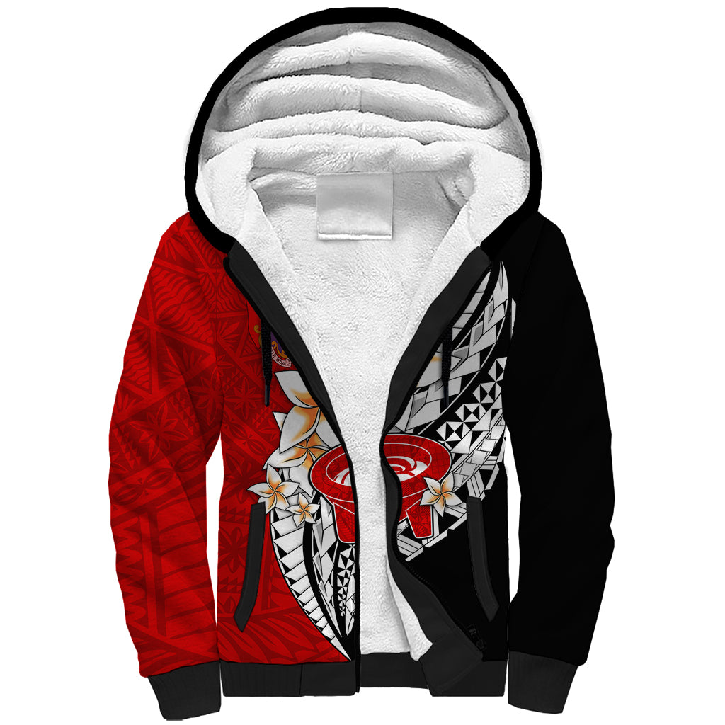 (Custom Personalised) Tonga Kava Bowl Sherpa Hoodie Tongan Kupesi Ngatu Pattern Black LT14 Unisex Red - Polynesian Pride