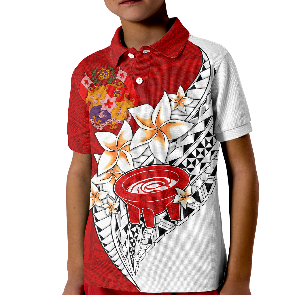 Tonga Kava Bowl Kid Polo Shirt Tongan Kupesi Ngatu Pattern White LT14 Kid Red - Polynesian Pride