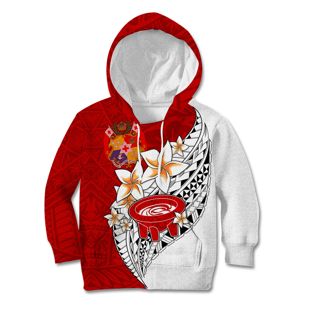 (Custom Personalised) Tonga Kava Bowl Kid Hoodie Tongan Kupesi Ngatu Pattern White LT14 Red - Polynesian Pride