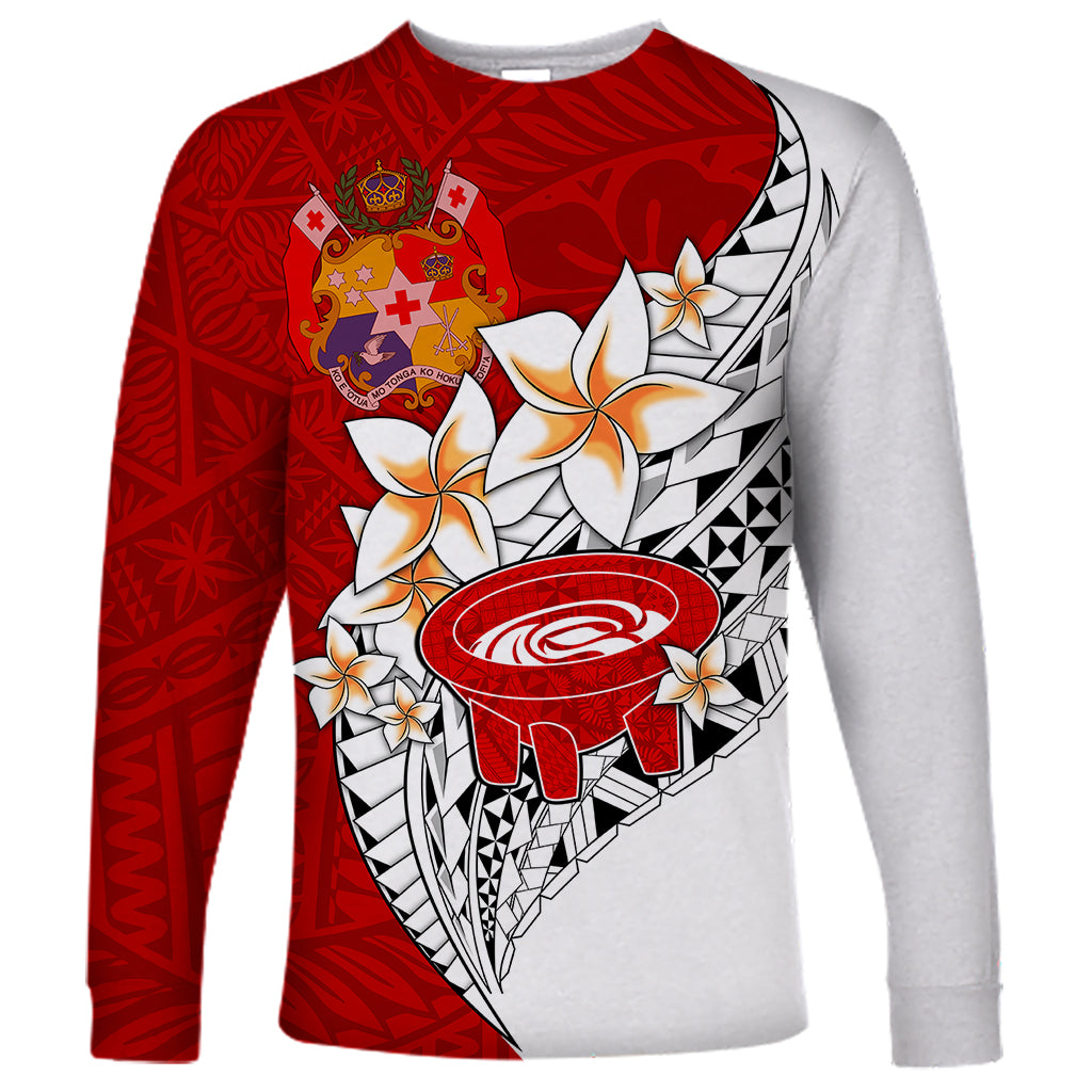 (Custom Personalised) Tonga Kava Bowl Long Sleeve Shirt Tongan Kupesi Ngatu Pattern White LT14 Unisex Red - Polynesian Pride