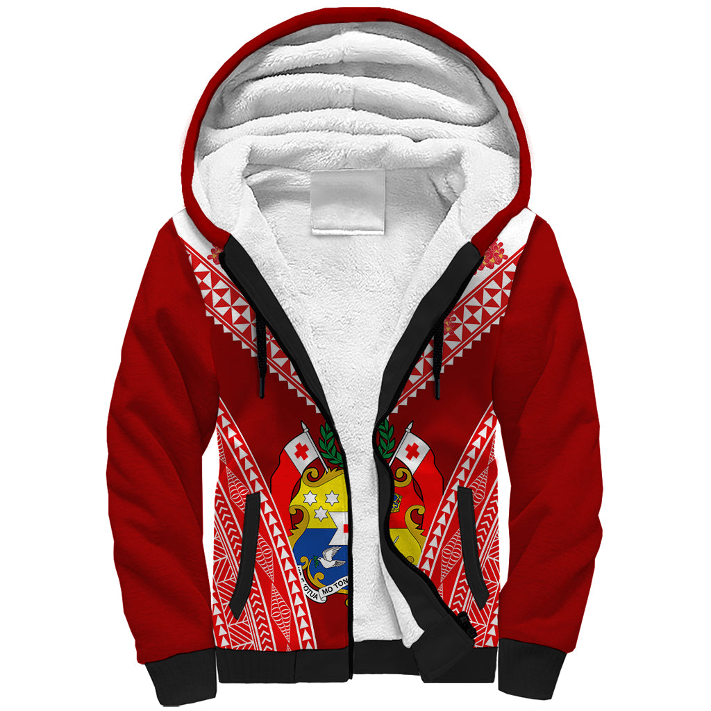 Tonga Heilala Flowers Sherpa Hoodie Tongan Ngatu White Special Verison LT14 Unisex Red - Polynesian Pride