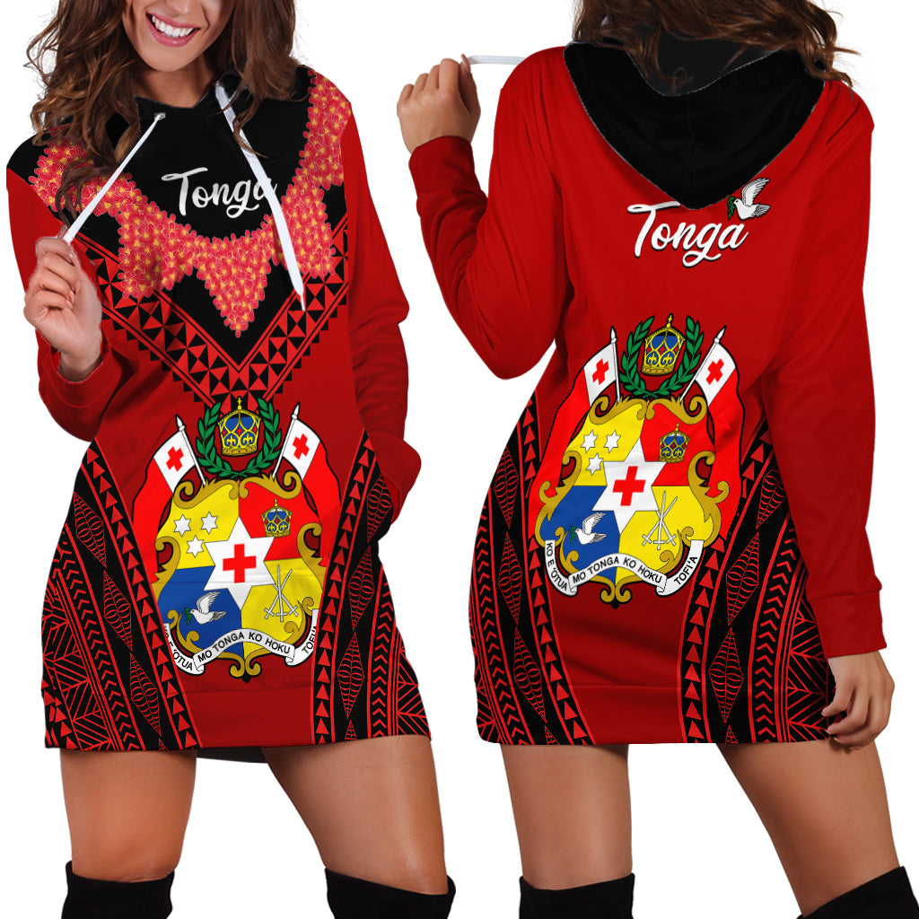 Tonga Heilala Flowers Hoodie Dress Tongan Ngatu Black Special Verison LT14 Red - Polynesian Pride