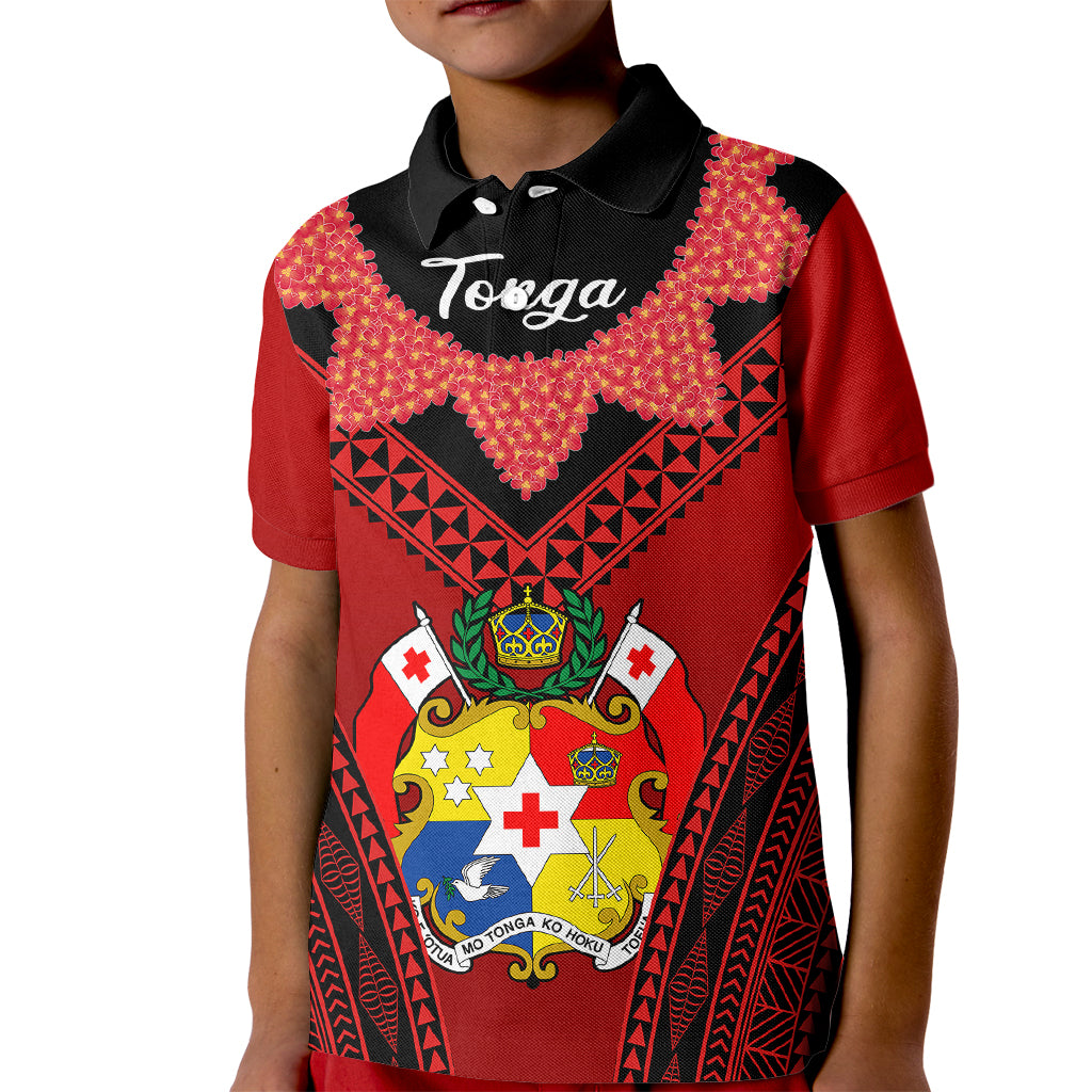 Tonga Heilala Flowers Kid Polo Shirt Tongan Ngatu Black Special Verison LT14 Kid Red - Polynesian Pride