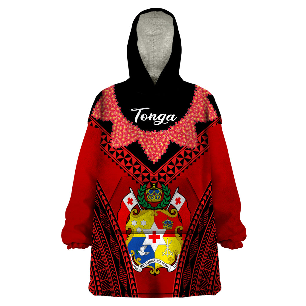 Tonga Heilala Flowers Wearable Blanket Hoodie Tongan Ngatu Black Special Verison LT14 One Size Red - Polynesian Pride