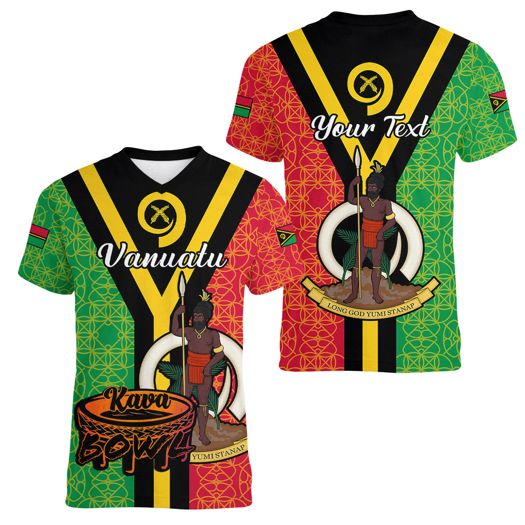 (Custom Personalised) Vanuatu Women V Neck T Shirt Kava Bowl Mix Sand Drawing Flag Style LT14 Female Black - Polynesian Pride