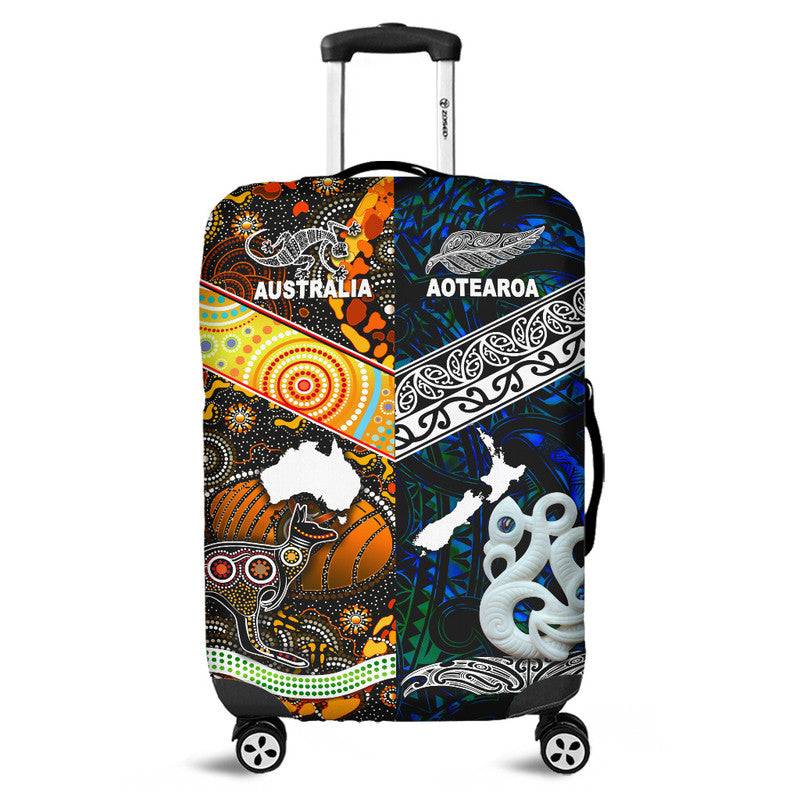 New Zealand Maori Aotearoa And Australia Aboriginal Luggage Cover Together - Blue LT8 Blue - Polynesian Pride