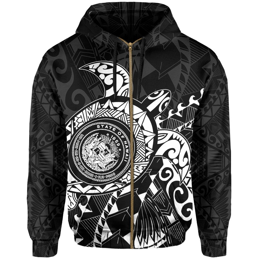 Hawaii Coat of Arms Zipper Hoodie (White) Turtle Style - Polynesian Pride