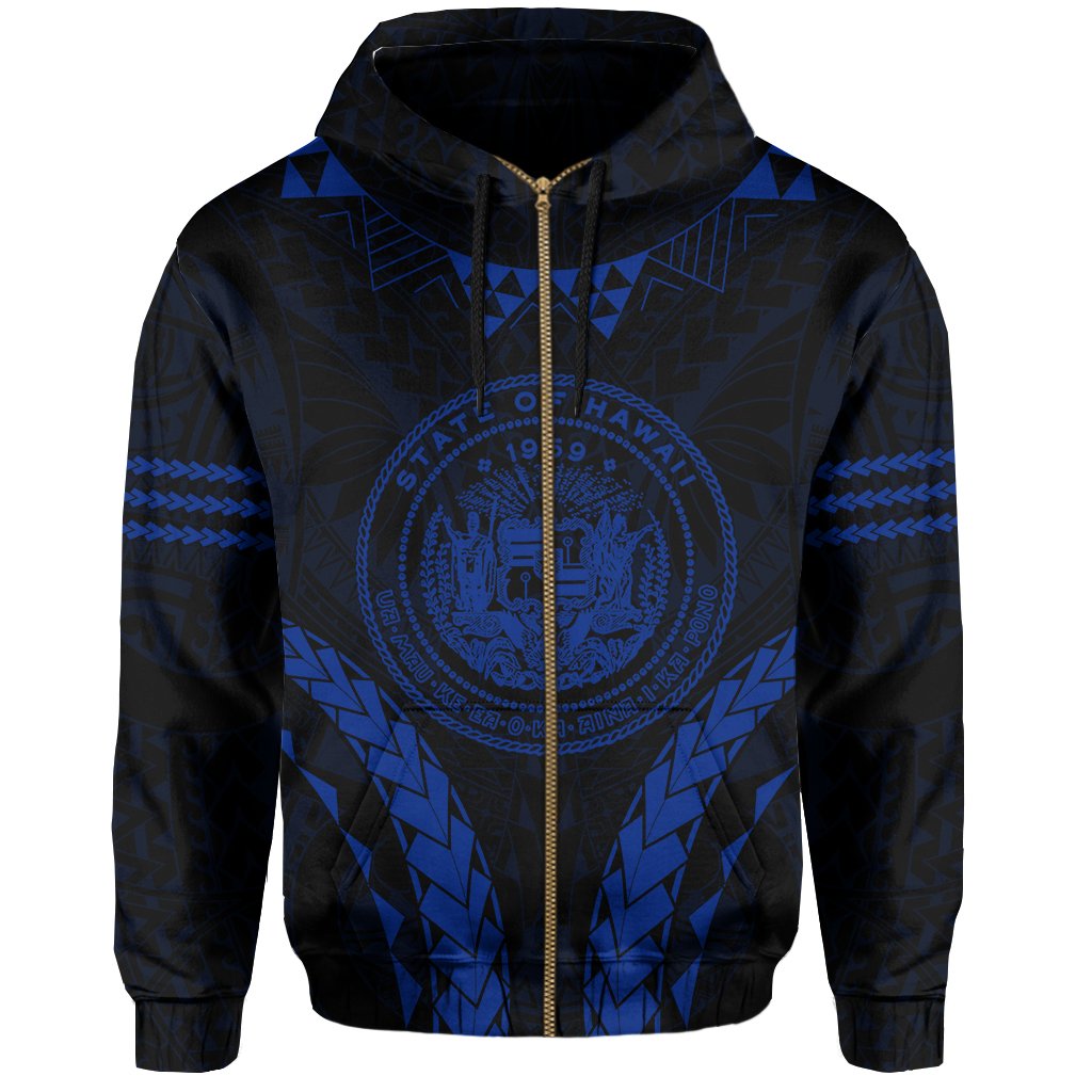 Polynesian Kakau Seal of Hawaii Zip Hoodie Sport Style Version 2.0 Blue - Polynesian Pride