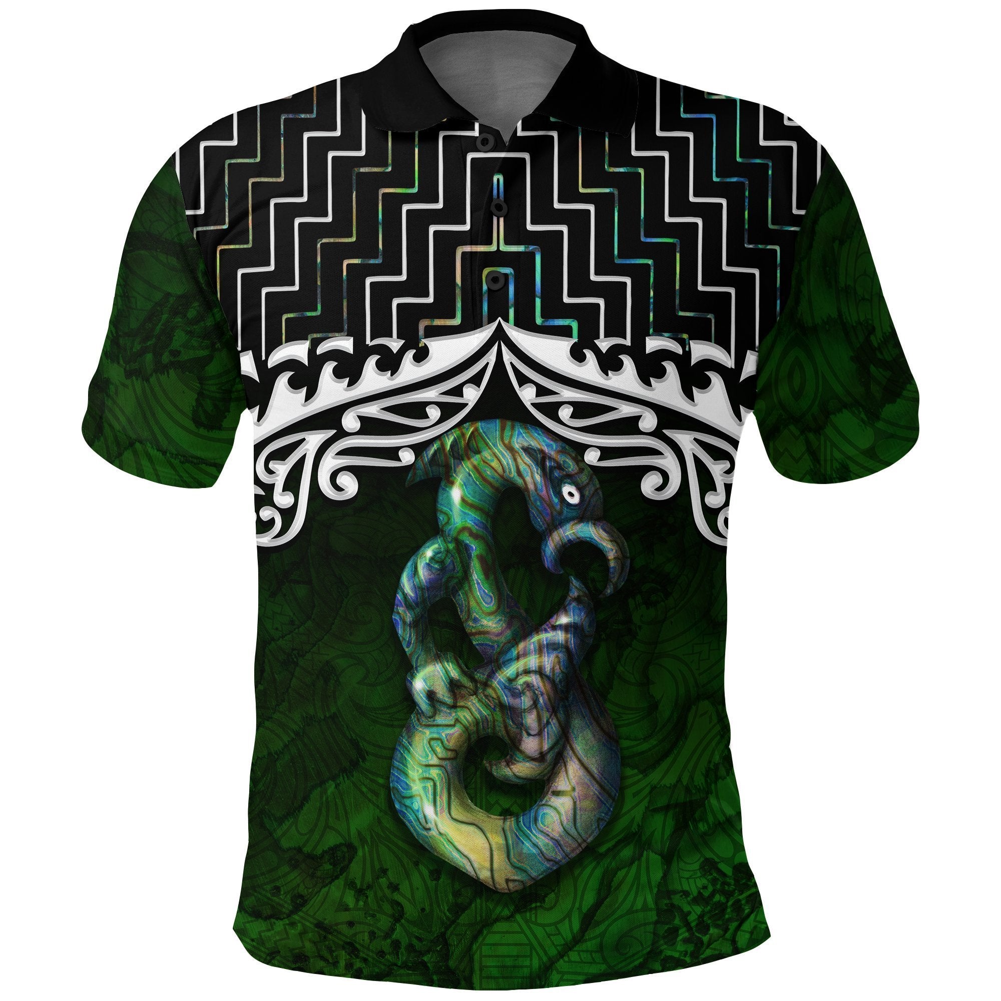 New Zealand Maori Polo Shirt, Poutama Manaia Paua Shell Golf Shirt Unisex Black - Polynesian Pride