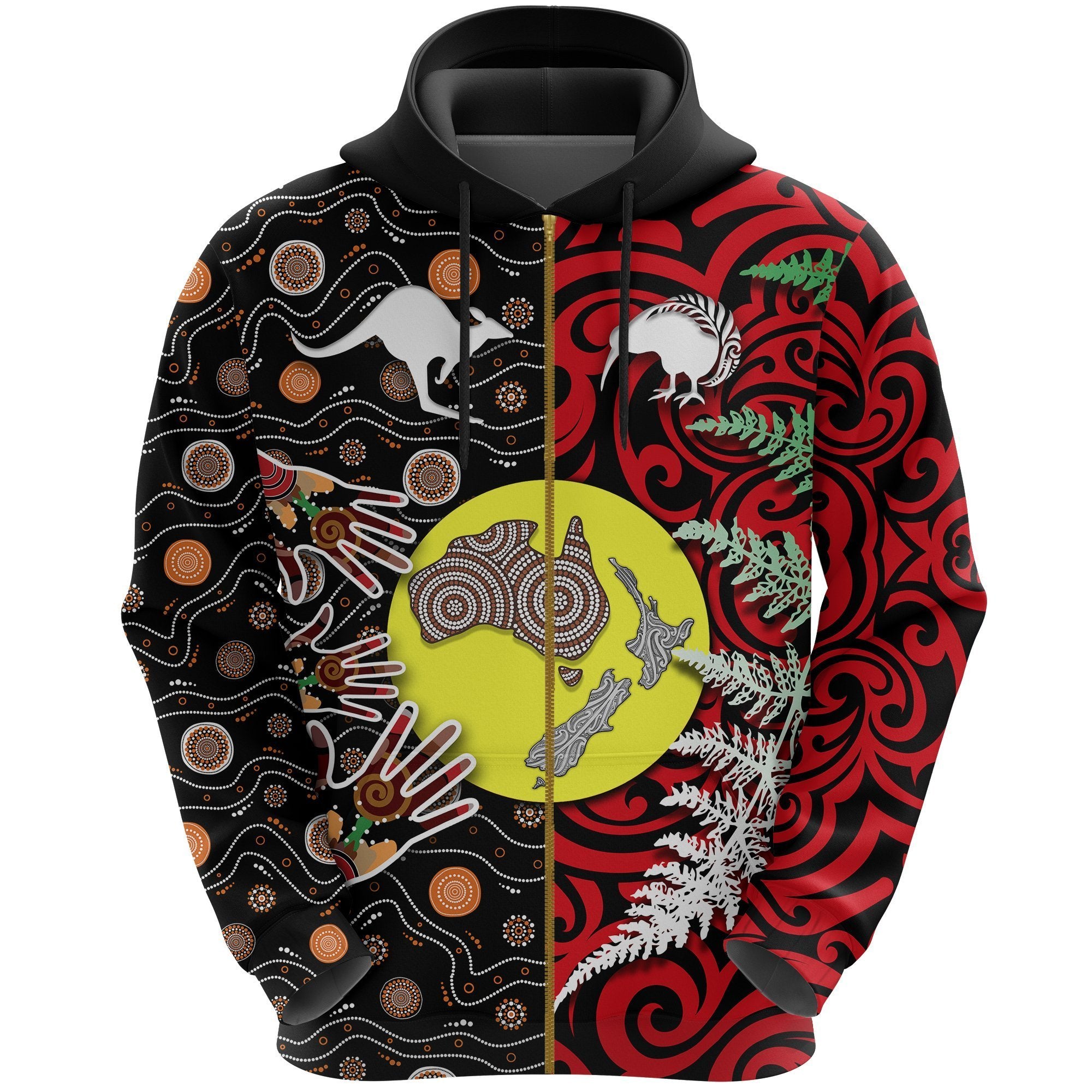 New Zealand Australia Zip Hoodie Maori Aboriginal Unisex Black - Polynesian Pride