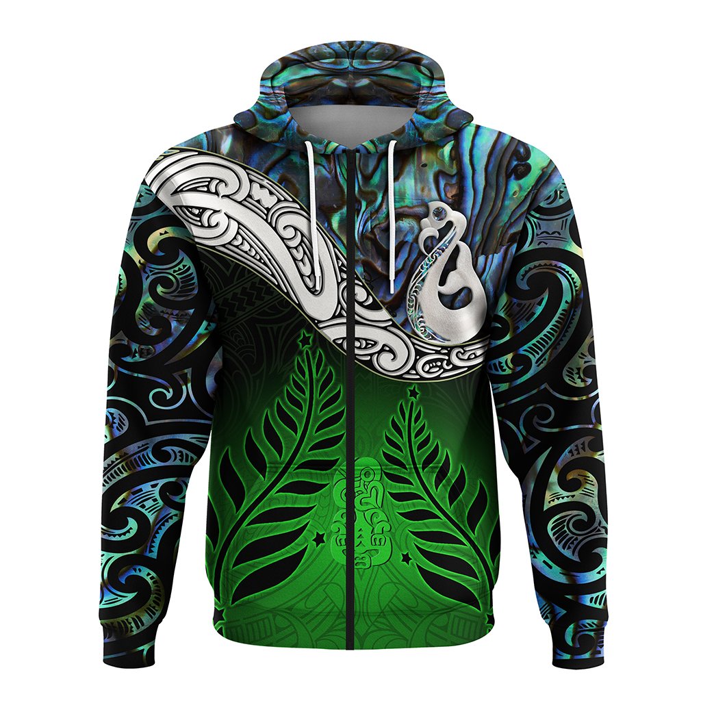 New Zealand Maori Zip Hoodie Manaia Paua Shell Glitter Green LT4 - Polynesian Pride