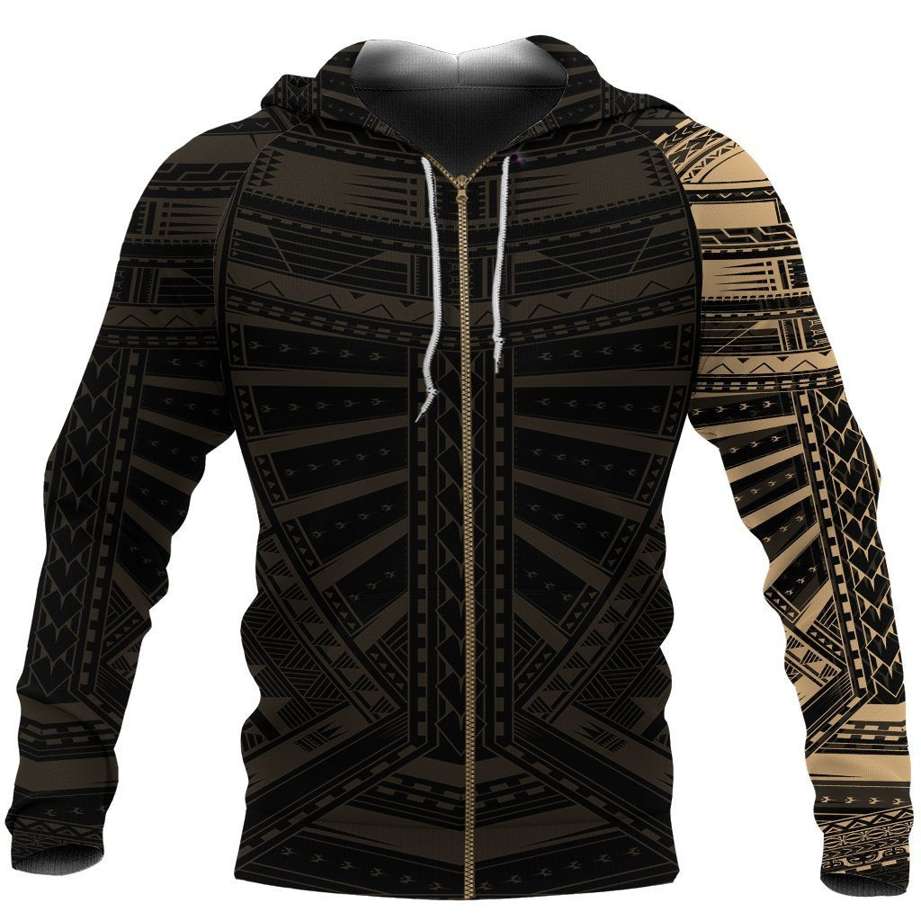 New Zealand Zip up Hoodie, Maori Samoan Polynesian Tattoo Zipper Hoodie Gold Unisex Black - Polynesian Pride