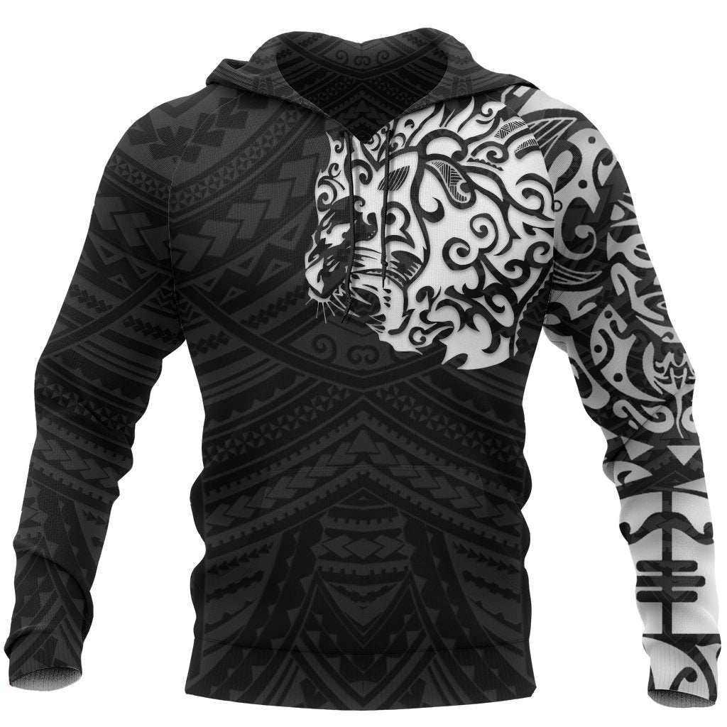 Maori Hoodie, New Zealand Lion Tattoo Pullover Hoodie White Unisex Black - Polynesian Pride