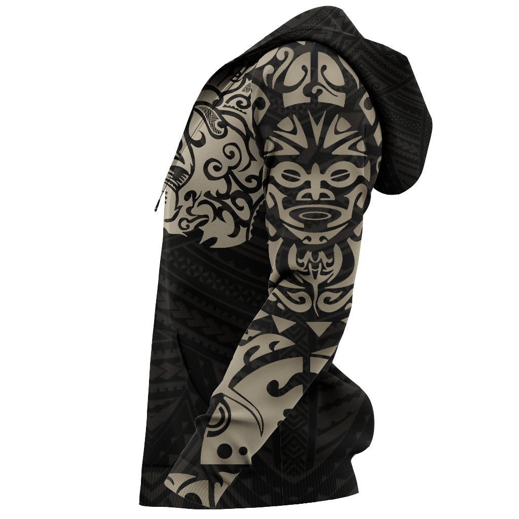 Maori Tattoo Hoodie, New Zealand Lion Tattoo Zipper Hoodie Tan - Polynesian Pride