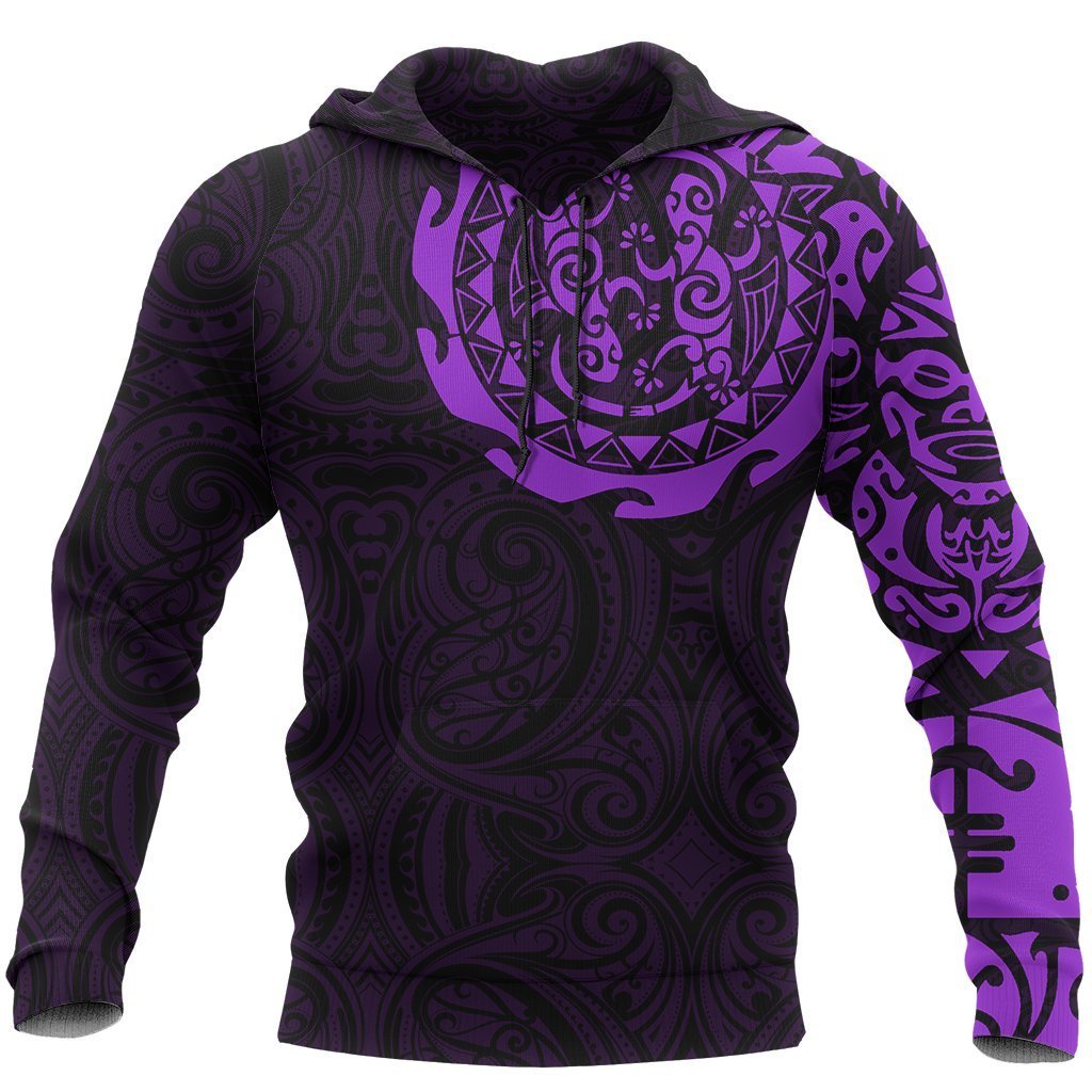 Maori Tangaroa Tattoo New Zealand All Over Hoodie Purple Unisex Black - Polynesian Pride