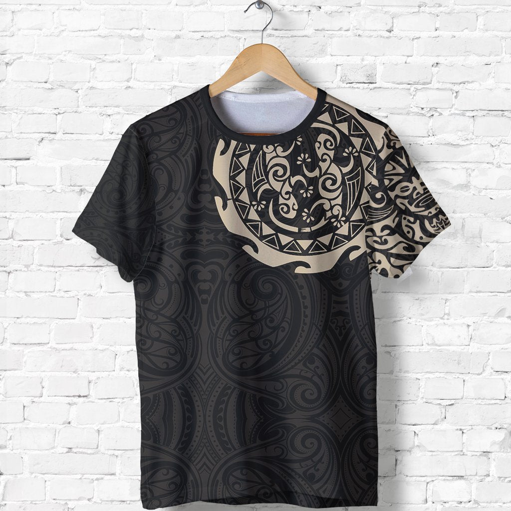 New Zealand Shirt, Maori Tangaroa Lizard Tattoo T Shirt Tan Unisex Black - Polynesian Pride