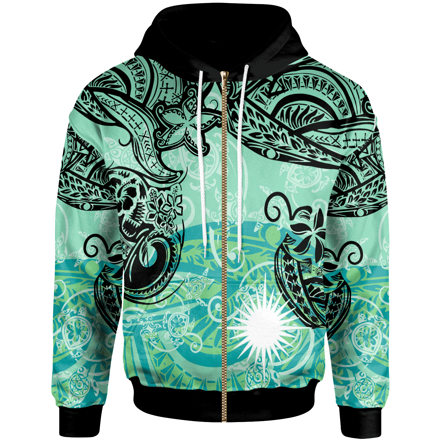 Marshall Islands Zip Hoodie Vintage Floral Pattern Green Color Unisex Green - Polynesian Pride