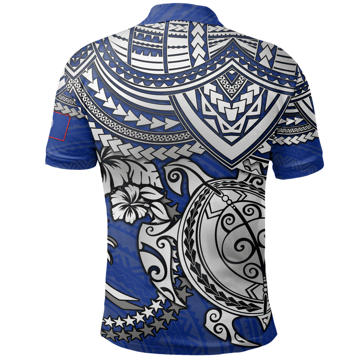 Chuuk Polo Shirt Chuuk FLag White Turtle Hibiscus (Blue) - Polynesian Pride