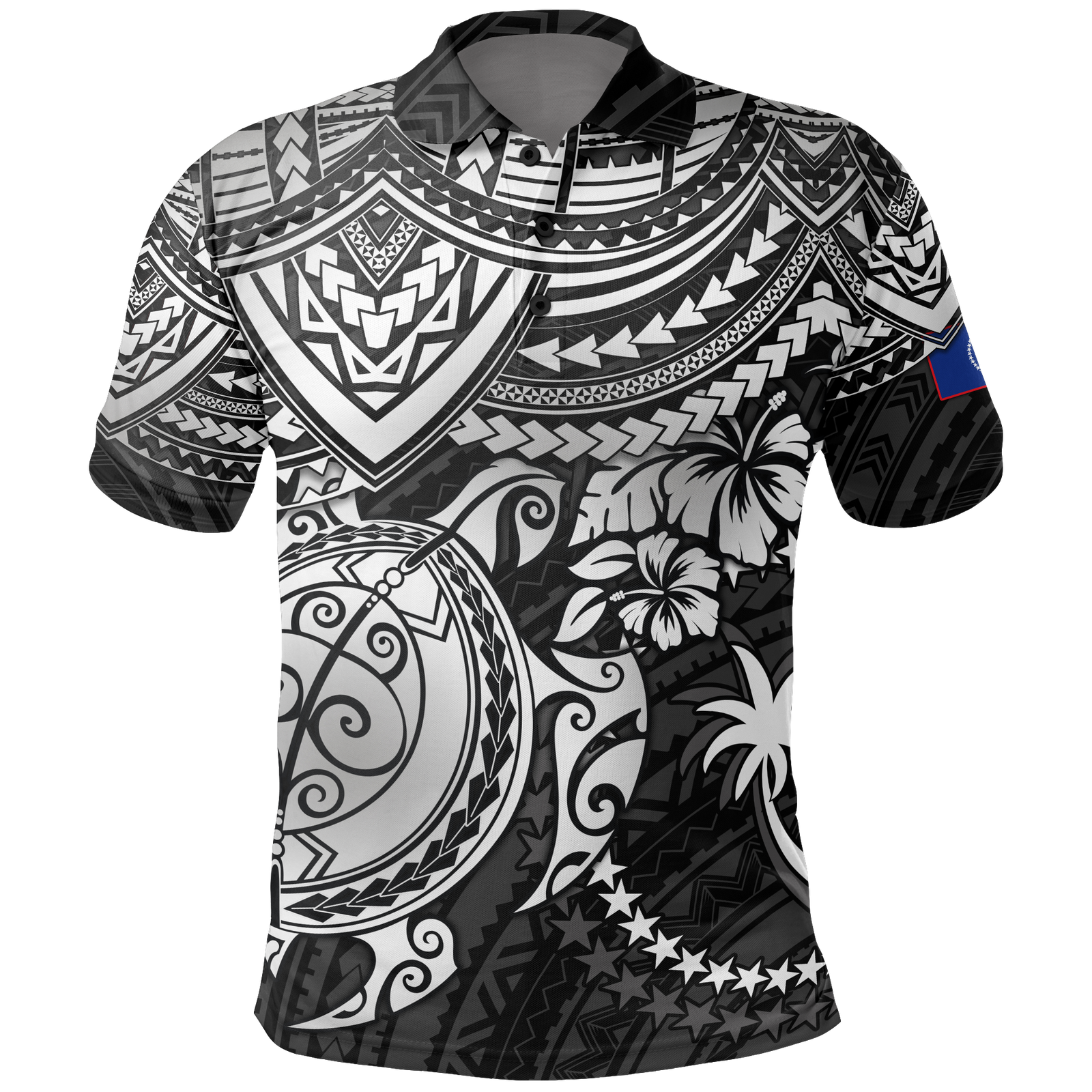 Chuuk Polo Shirt Chuuk FLag White Turtle Hibiscus (Black) Unisex White - Polynesian Pride