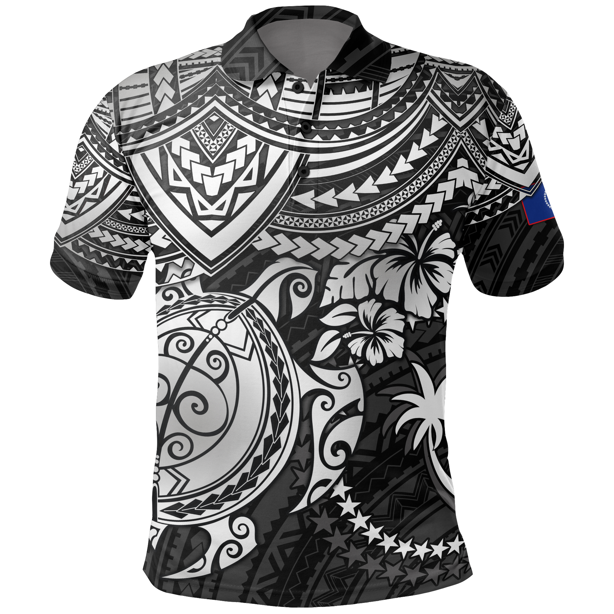 Chuuk Polo Shirt Chuuk FLag White Turtle Hibiscus (Black) Unisex White - Polynesian Pride