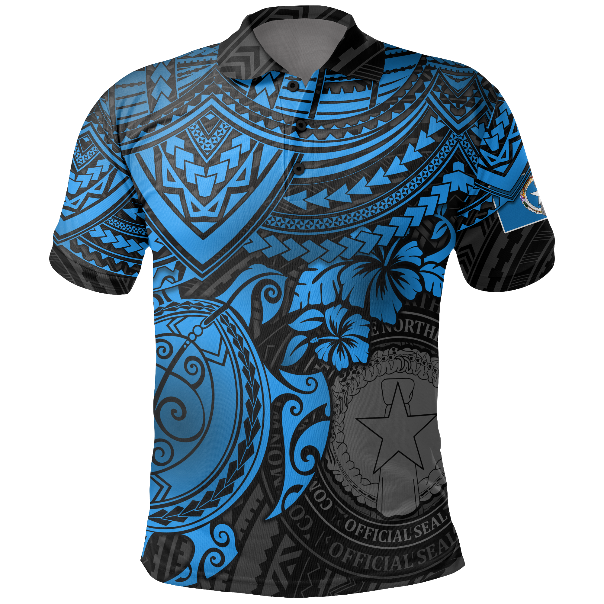 Northern Mariana Islands Polo Shirt Flag Seal Blue Turtle Hibiscus Unisex BLUE - Polynesian Pride