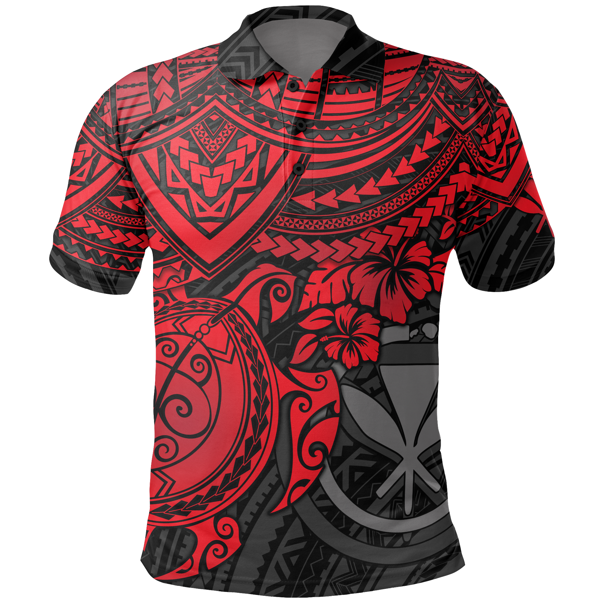 Hawaii Polo Shirt Kanaka Maoli Red Turtle Hibiscus Unisex RED - Polynesian Pride