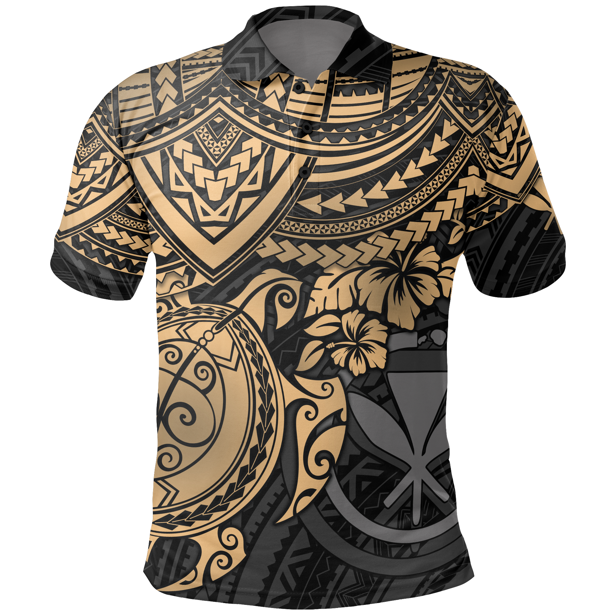 Hawaii Polo Shirt Kanaka Maoli Gold Turtle Hibiscus Unisex GOLD - Polynesian Pride