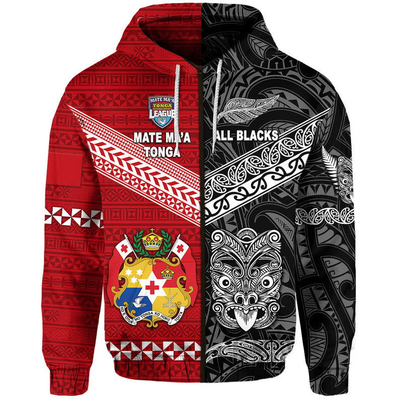 Custom Tonga New Zealand Rugby Hoodie Mate Maa Ngatu and Maori All Black Together LT8 Zip Hoodie - Polynesian Pride