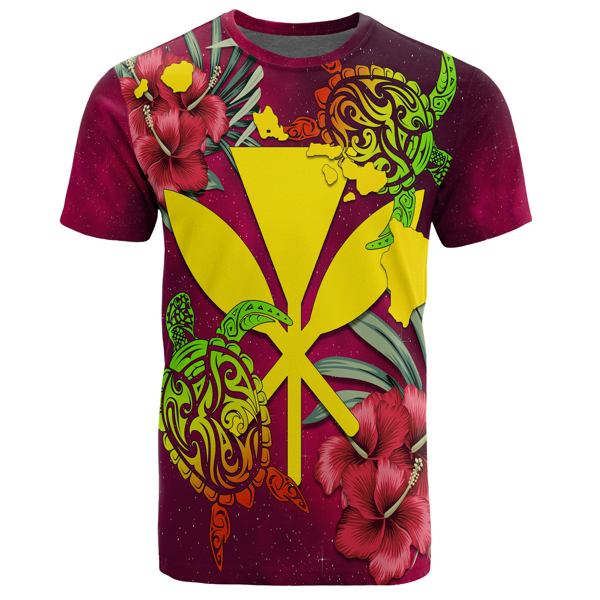 Kanaka Map Turtle Hibiscus T Shirt Red Velvet AH - Polynesian Pride