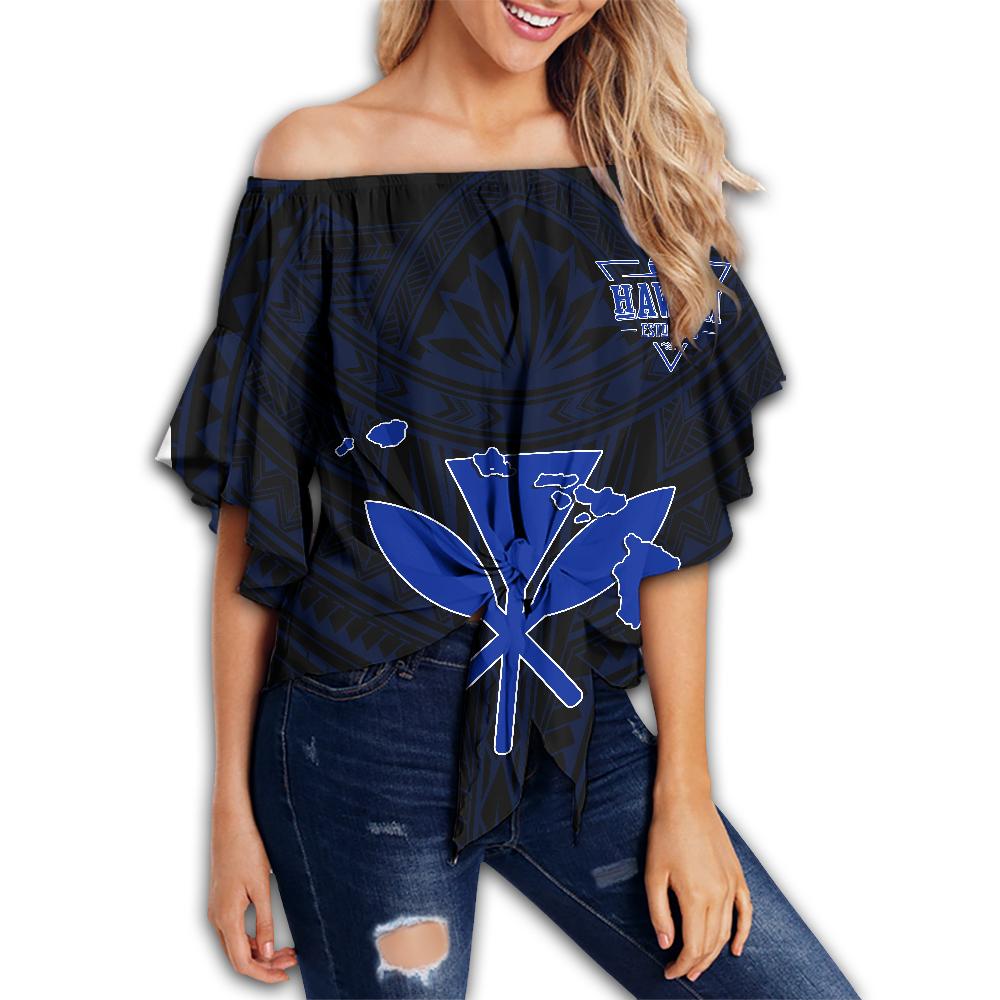 Kanaka Map Polynesian Off Shoulder Waist Wrap Top - Blue Heart - AH Female Black - Polynesian Pride