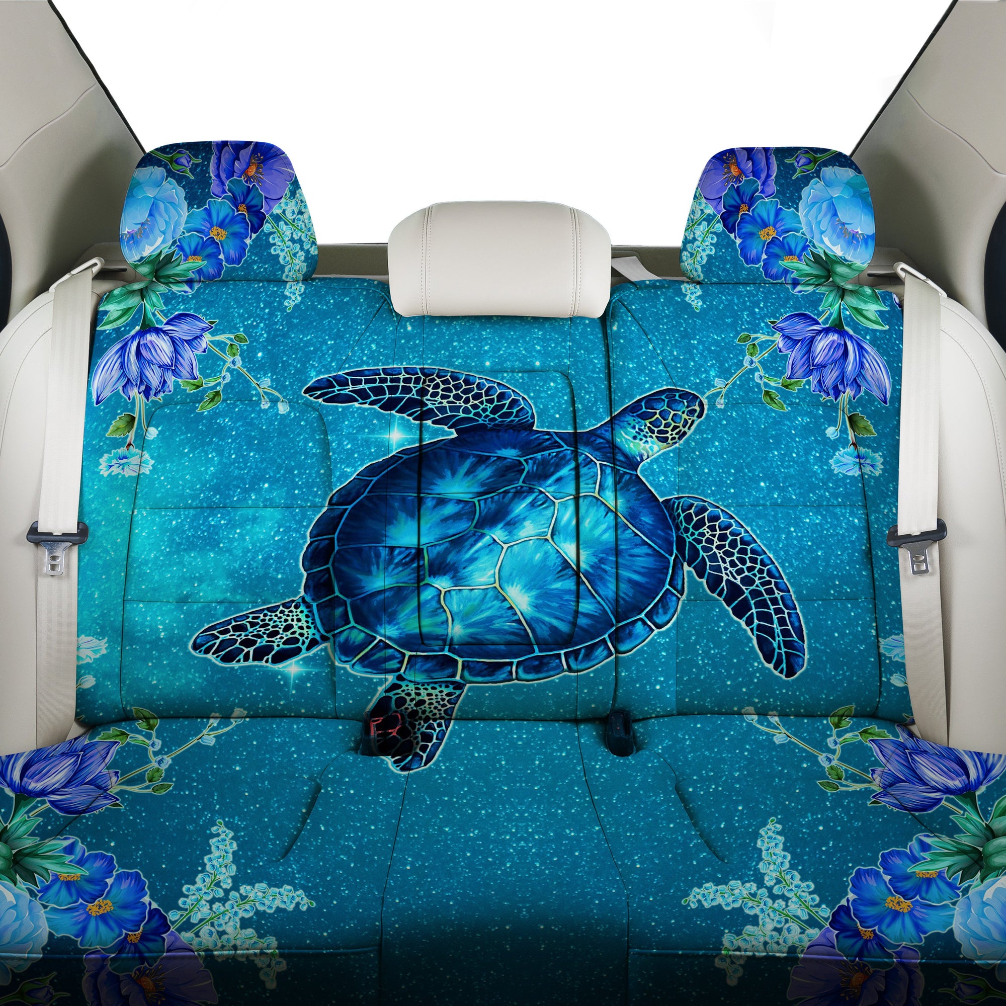 Hawaii Blue Turtle Flower Back Seat Cover - Ocean Secret - AH One Size Blue Back Car Seat Covers - Polynesian Pride