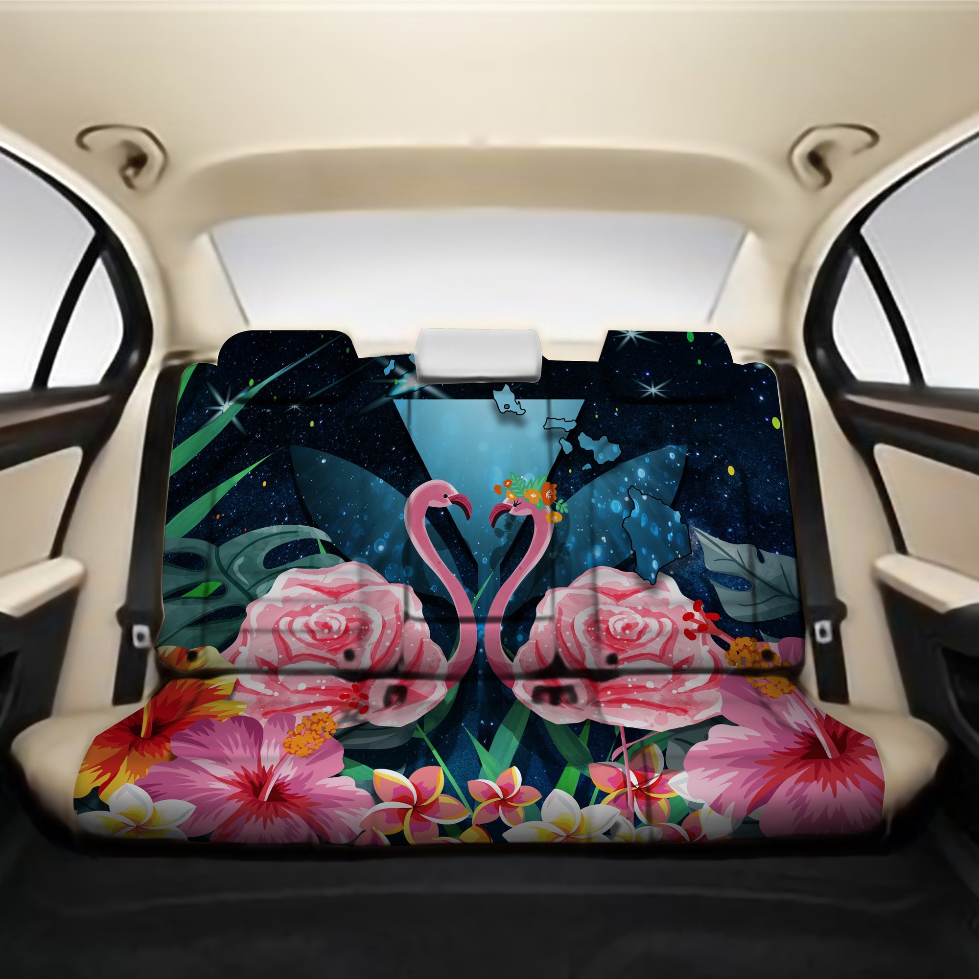 Kanaka Flamingo Couple Rose Hibiscus Plumeria Back Seat Cover - Love Universe - AH One Size Galaxy Back Car Seat Covers - Polynesian Pride