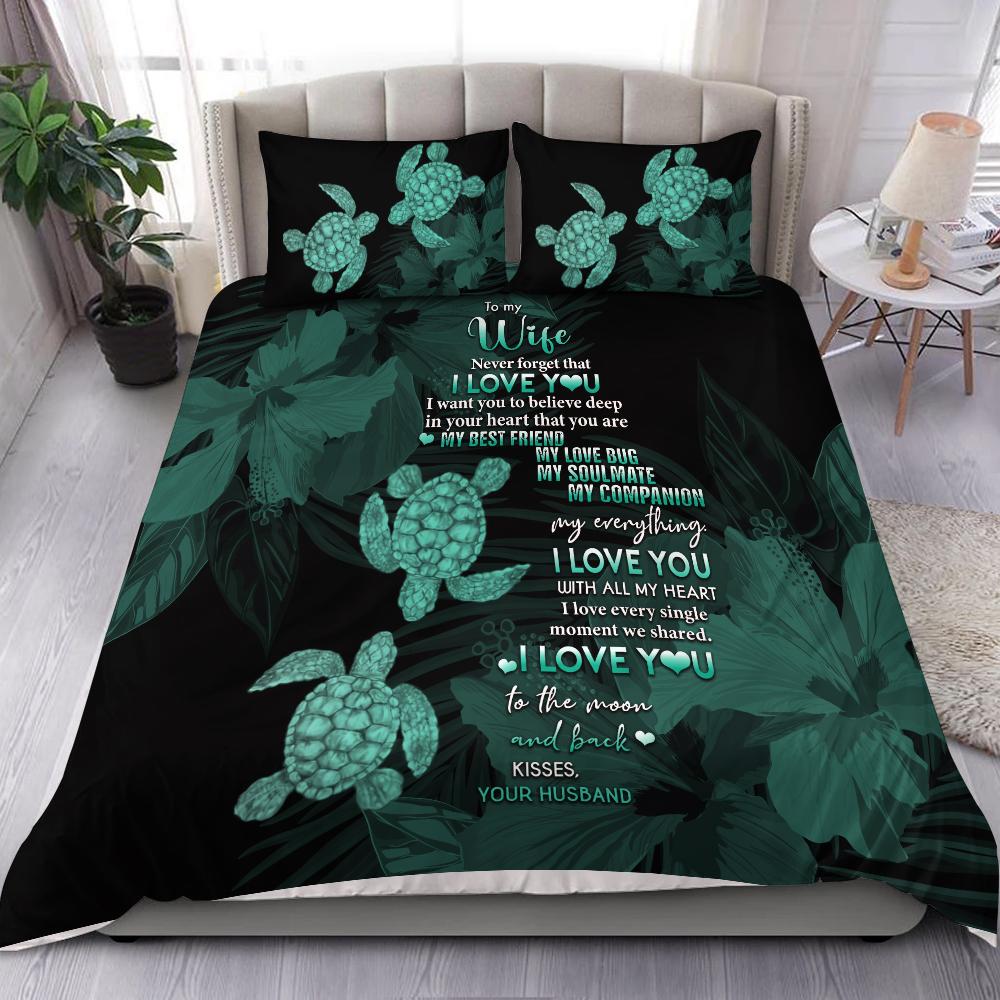 Hawaii Turtle Bedding Set Hibiscus To My Wife Turquoise AH - Polynesian Pride