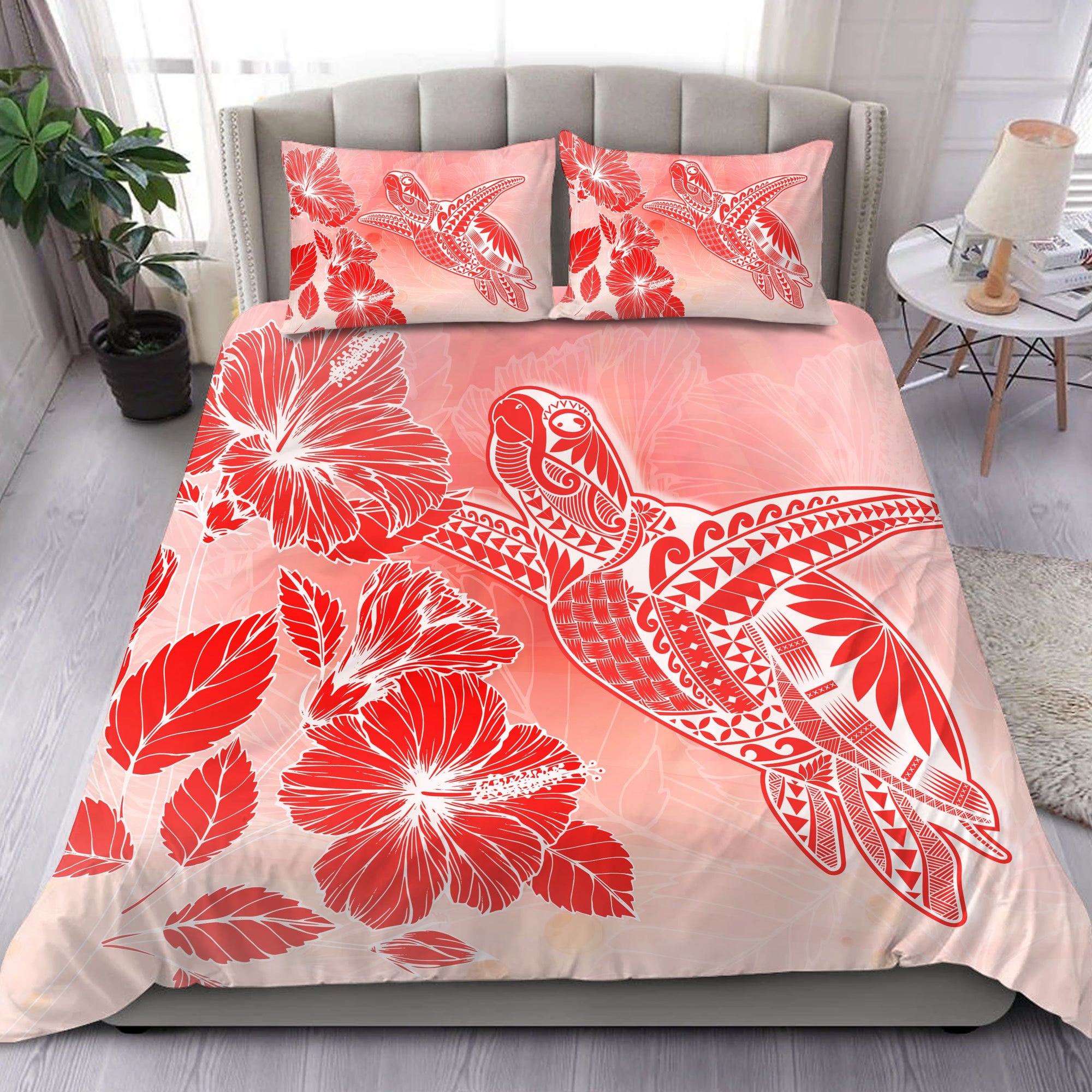 Hawaii Turtle Reach To The Sky Hibiscus Bedding Set - Crimson - AH Crimson - Polynesian Pride