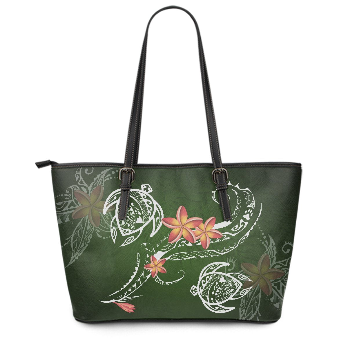 Hawaii Turtle Plumeria Polynesian Small Leather Tote - Luck Style - AH Green - Polynesian Pride