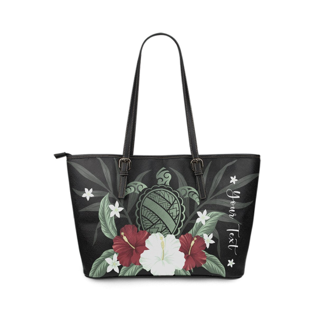 Personalized - Hawaii Turtle Hibiscus Plumeria Large Leather Tote Bag Black - Polynesian Pride