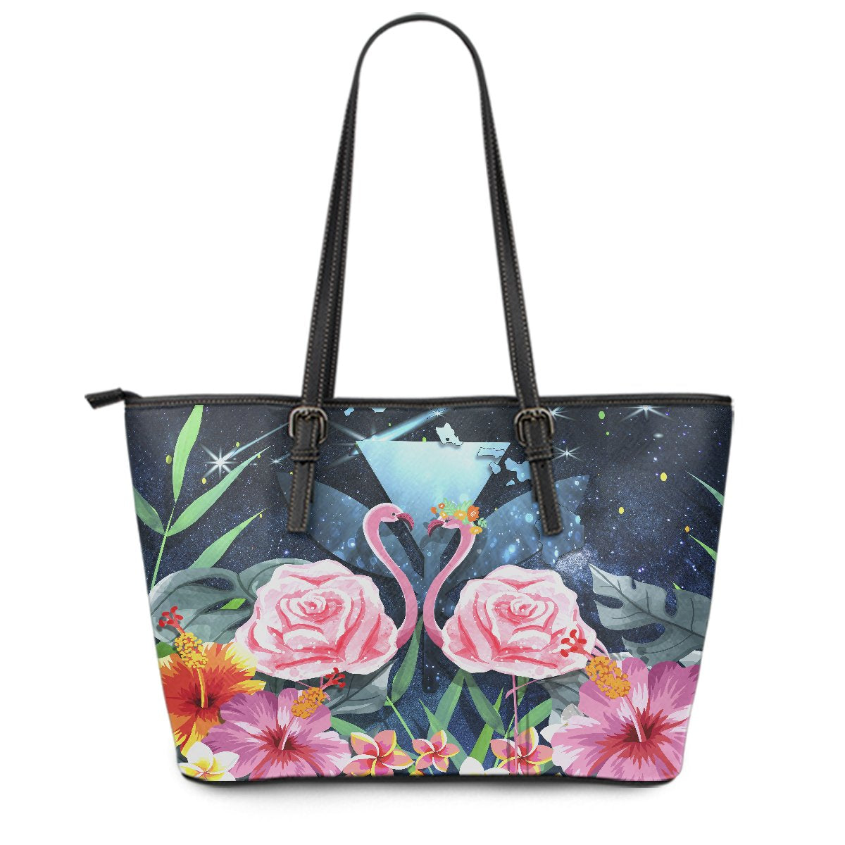 Kanaka Flamingo Couple Rose Hibiscus Plumeria Leather Tote Bag - Love Universe - AH Galaxy - Polynesian Pride