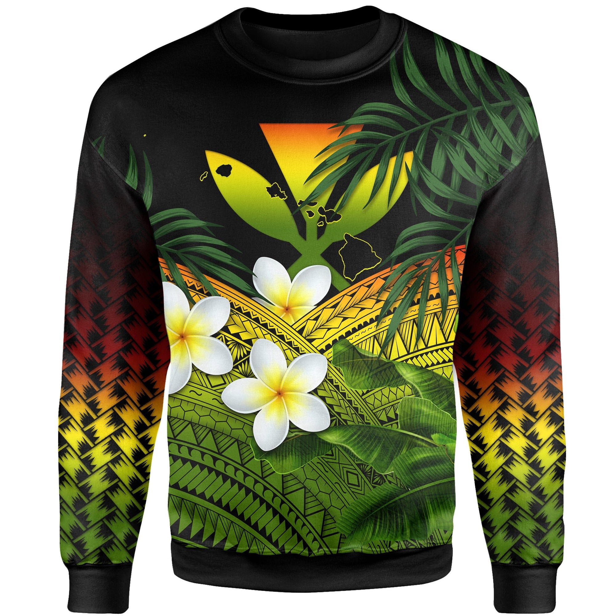 Kanaka Maoli (Hawaiian) Sweatshirt, Polynesian Plumeria Banana Leaves Reggae Unisex Black - Polynesian Pride
