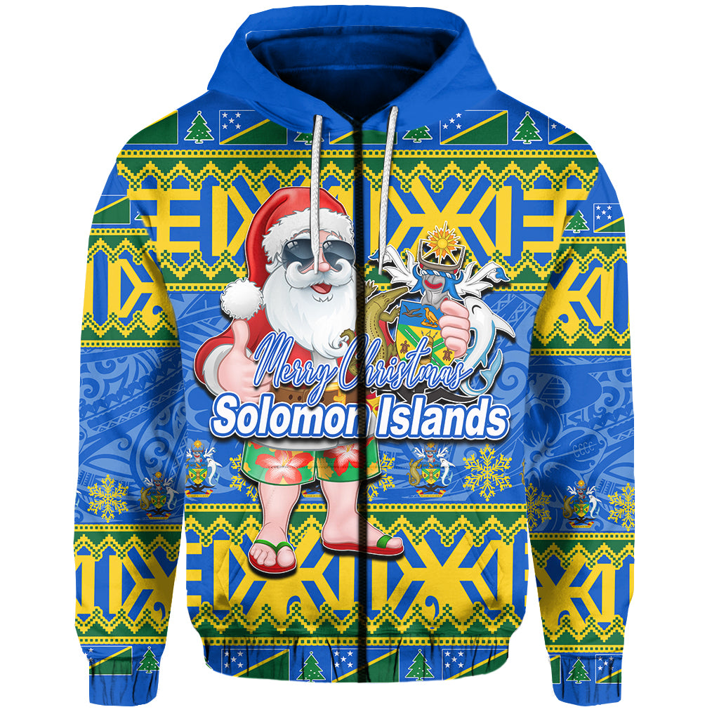 Solomon Islands Christmas Zip Hoodie Cool Santa Claus LT6 Unisex Blue - Polynesian Pride